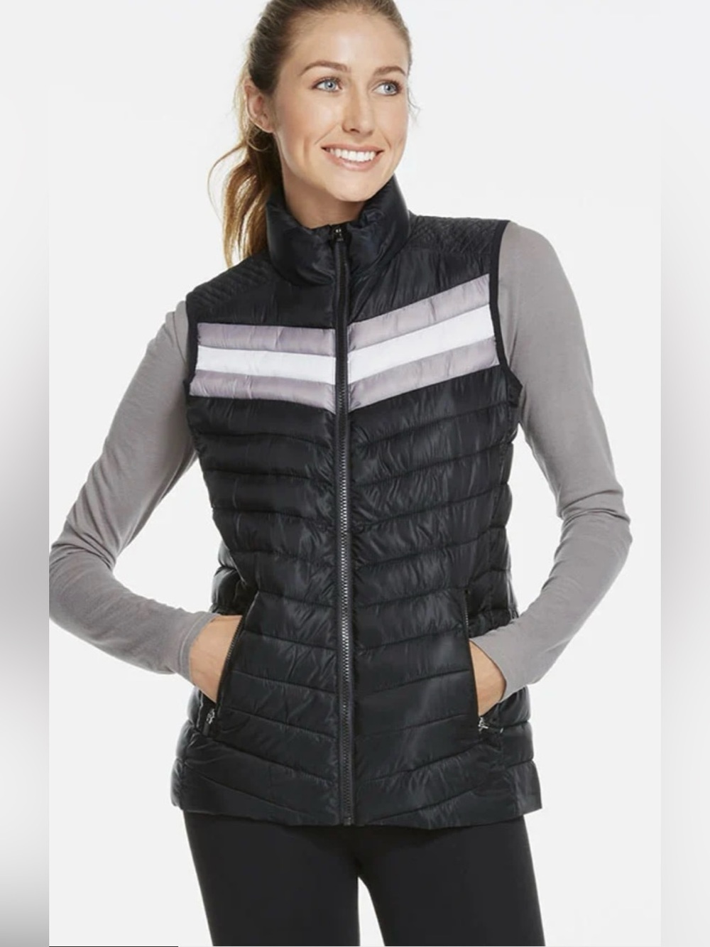 Fabletics Fenway Vest Black White Gray Quilted With Pockets Women’s Medium